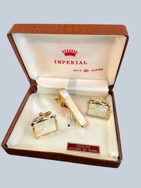 Imperial Vintage Gold-Plated Mother of Pearl Cufflinks & Tie Bar Set